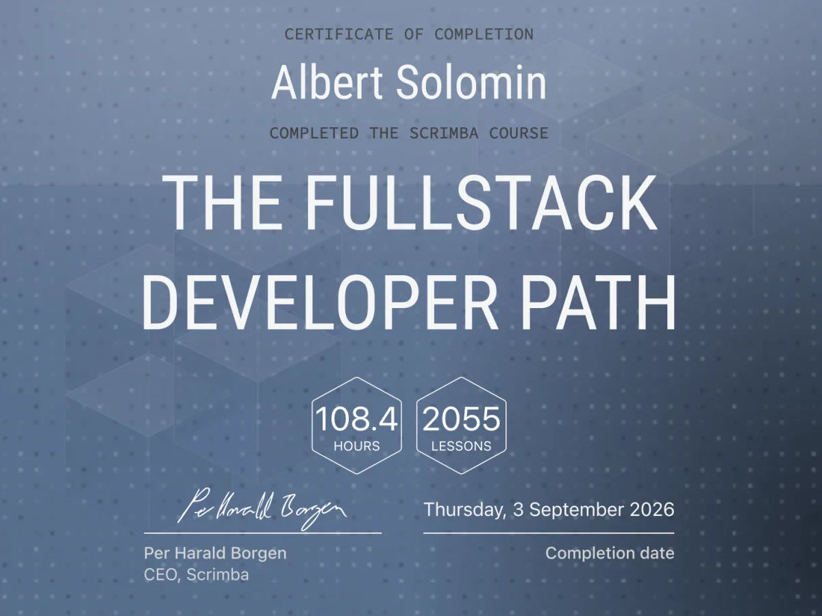 Scrimba Fullstack Developer Path certificate of completion for Albert Solomin